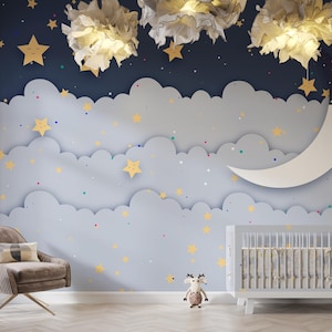 Papel tapiz de luna y estrellas para habitaciones de bebés y niños: ¡dulces sueños te esperan! / Papel tapiz autoadhesivo / Papel tapiz removible
