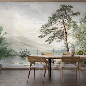 Serene See und Berg Aquarell Tapete - Die elegante Schönheit der Natur Tapete abziehen und aufkleben | Abnehmbare Tapete