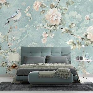 Vintage Blumen- und Vogel-Tapete - Pastellblaues botanisches Design zum Abziehen und Aufkleben | Abnehmbare Tapete