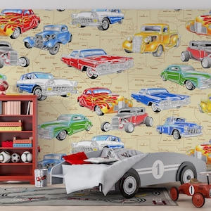 Klassische Autos und USA Map Tapete für Kinderzimmer - Spaß Retro Art Dekor | Tapete abziehen und aufkleben | Abnehmbare Tapete