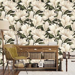 Elegant Beige Floral Wallpaper | Peel and Stick Wallpaper | Removable Wallpaper