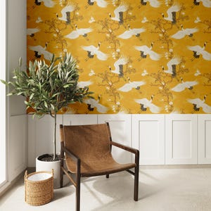 Golden Crane Pattern Peel and Stick Wallpaper | Removable Wallpaper