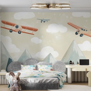 Vintage Airplane and Mountain Adventure Kids Room Peel and Stick Wallpaper | Removable Wallpaper