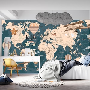 Vintage Weltkarte Wallpaper mit Flugzeugen, Heißluftballons und Tieren | Tapete abziehen und aufkleben | Abnehmbare Tapete