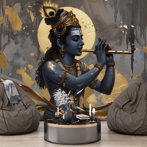 Golden and Gray Tones Indian God Krishna Peel and Stick Wallpaper | Removable Wallpaper