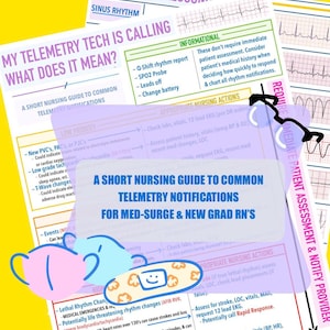 May include: A pink, blue, and yellow graphic with a cartoon smiley face bandage. The graphic is a guide for nurses on common telemetry notifications for med-surge and new grad RNs. The graphic includes a list of low priority, high priority, and informational notifications.