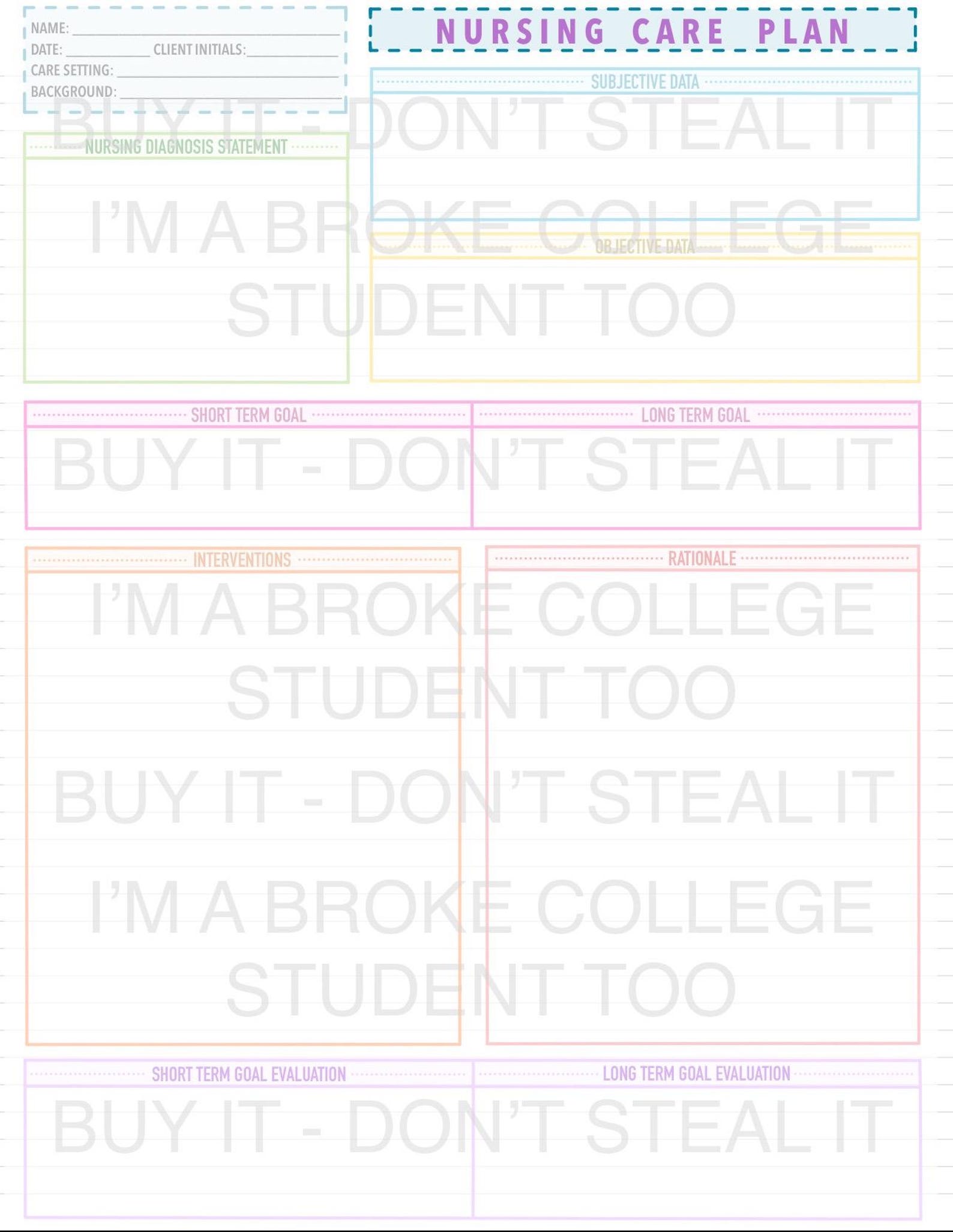 Colorful Care Plan Template for Nursing Students - Etsy