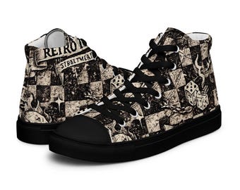 Vintage Grunge High Top Sneakers, Svartvit Canvas, Alternativ Streetwear, Punkrockmode