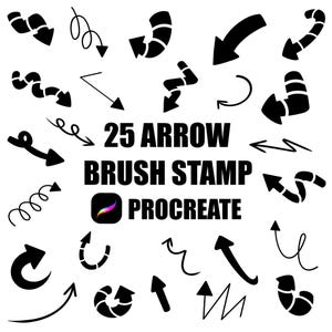 May include: A set of 25 black arrow brush stamps for Procreate. The stamps are in various styles and sizes, including curved, straight, and zig-zag arrows.