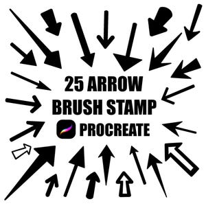 以下が含まれることがあります： Procreate 用の 25 個の黒い矢印ブラシスタンプセット。矢印は、上、下、左、右など、さまざまな方向を指しています。