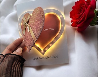 Tarjeta de felicitación con corazón 3D iluminado personalizado/tarjeta de felicitación LED para San Valentín y aniversario, regalo romántico de lujo hecho a mano para ella.