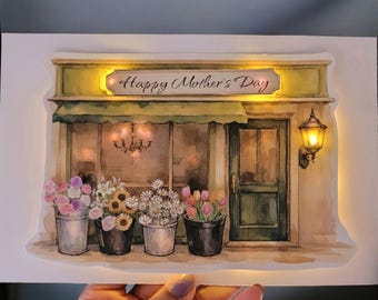 Personalisierte Light Up Blumenkarte | Flower Shop Front 3D LED Grußkarte | Muttertag, Geburtstag, Jahrestag Einzigartiges Geschenk