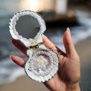 Handmade Seashell Pocket Mirror, Pearl Embellished Compact Mirror, Mermaid Gift, Coastal Theme Decor
