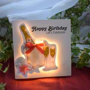 Biglietto di auguri personalizzato con luci LED per il compleanno, festeggia con champagne, regalo personalizzato fatto a mano, biglietto di auguri floreale di lusso, ricordo unico