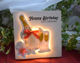 Tarjeta de cumpleaños personalizada con luz LED, celebre con champán. Regalo personalizado hecho a mano, tarjeta de felicitación floral de lujo que brilla, recuerdo único.