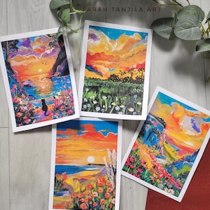 Ensemble de mini impressions nature colorée, gouache peinte à la main 7 x 5 cartes postales | Décoration murale anime paysage