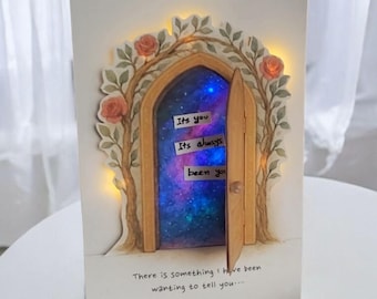 Tarjeta iluminada personalizada de San Valentín, tarjeta de amor con una puerta de cuento de hadas encantada, regalo de lujo personalizado para esposa, novia o pareja.