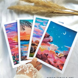Impression de peinture à la gouache de rêve, ensemble d'impressions de cartes postales colorées peintes à la main pour la décoration de la maison, décoration murale inspirée des animes, cadeau unique