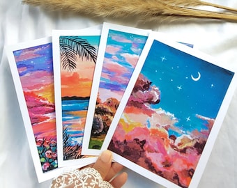 Hand Painted Nature Postcard Set, Colorful Gouache Mini Prints, Anime Art