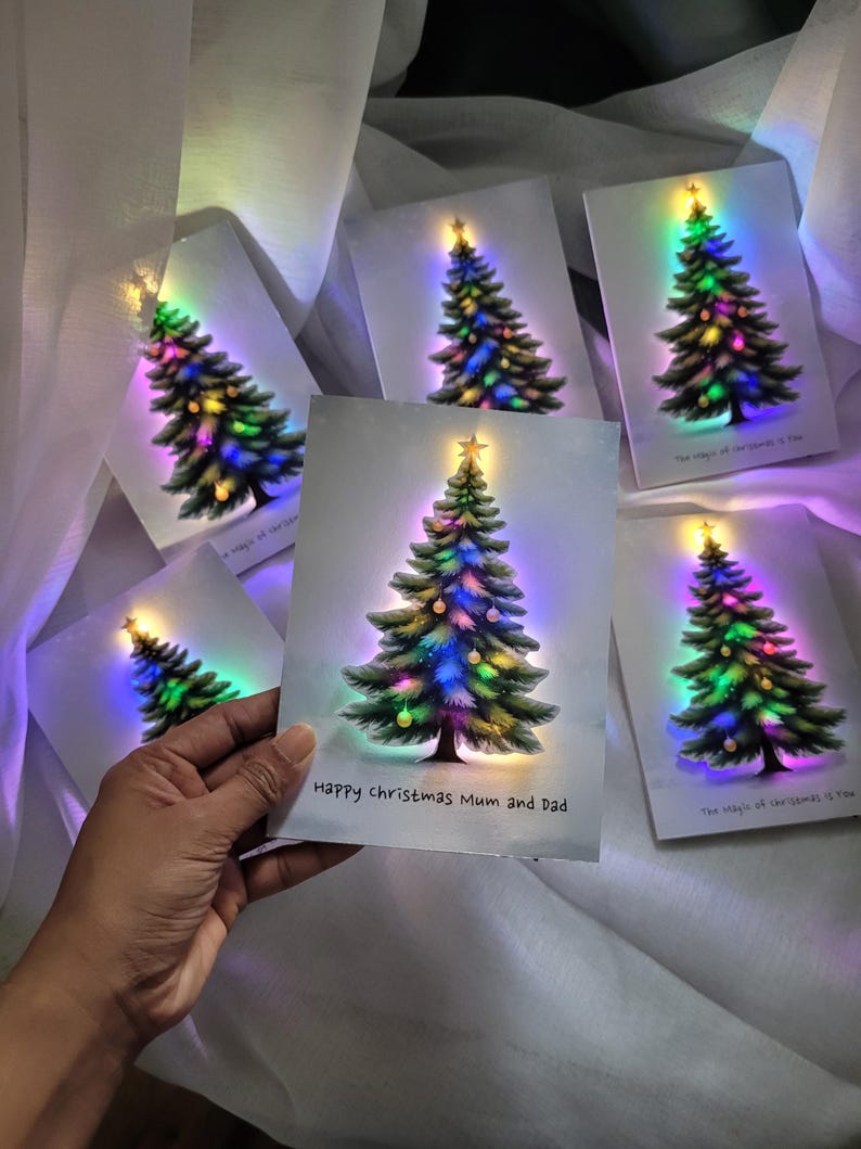 Personalised Light Up Christmas Card: LED Light Up Tree, Custom Luxury Holiday Greeting, Xmas keepsake gift