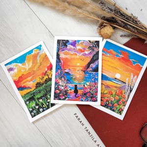 Impressions d'art naturelles colorées, paysages de rêve à la gouache pour une décoration murale unique, scènes de nature peintes à la main pour une décoration intérieure nature orange