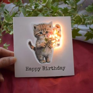 Tarjeta LED iluminada de feliz cumpleaños, gato sosteniendo flores, regalo personalizado hecho a mano para amantes de los gatos: tarjeta de felicitación floral de lujo, regalo único para amantes de los gatos