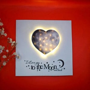 Tarjeta LED iluminada de aniversario, te amo hasta la luna y más allá / Regalo hecho a mano para mamá / esposa / novia / novio / esposo Tarjeta de felicitación de lujo