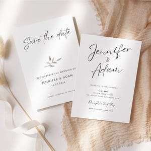 May include: Save the date card with a simple floral design and the text "Save the date" in a script font. The card is white with black text. The text "To celebrate the wedding of Jennifer & Adam" is below the floral design. The date "14.07.2026" is below the names. The text "Formal invitation to follow" is at the bottom of the card. The second card is a wedding invitation with the text "Jennifer & Adam" in a script font. The text "Invite you to their wedding" is below the names. The date "14.07.2024" is below the text. The text "Willow Creek Estate" is below the date. The text "123 Lakeside Road, Rosewood, NSW" is below the estate name. The text "Reception to follow" is below the address. The text "RSVP by 14 September 2025" is at the bottom of the card.
