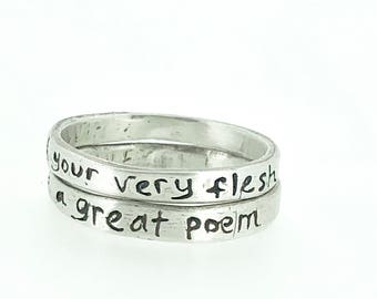 romantic quote stacking ring set in recycled sterling silver . your very flesh whitman quote wedding bands rings . ready to ship size 6 7 8