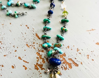 colorful luxury turquoise lapis and gemstone necklace . sterling and 10k gold necklace by Peaces Of Indigo