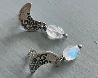 rainbow moonstone crescent moon dangle earrings . gemstone post earrings . handmade fine jewelry by peaces of indigo