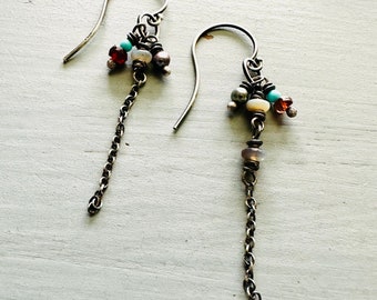 boulder opal and turquoise sterling silver dangle chain earrings by peacesofindigo