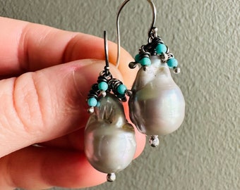 gorgeous baroque pearl dangle earrings with Kingman turquoise fringe by peacesofindigo