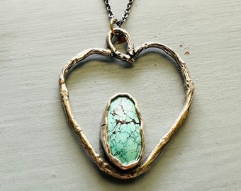 Blue moon turquoise and twig heart necklace . sterling silver statement necklace handcrafted by peacesofindigo
