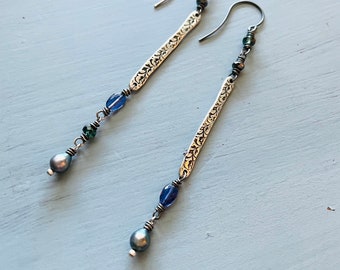 sterling silver bar earrings with peacock pearl and gemstones . long charm dangle earrings . boho pearl earrings by peacesofindigo