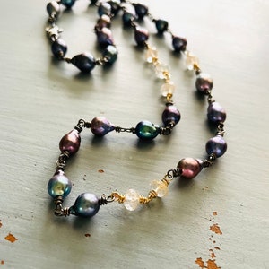 baroque peacock pearl and topaz gemstone necklace . heirloom pearl necklace by peaces of indigo