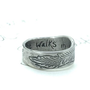 boho feather inspirational quote ring . sterling silver she walks in beauty secret message ring . ready to ship size 4 5 6 7 image 2