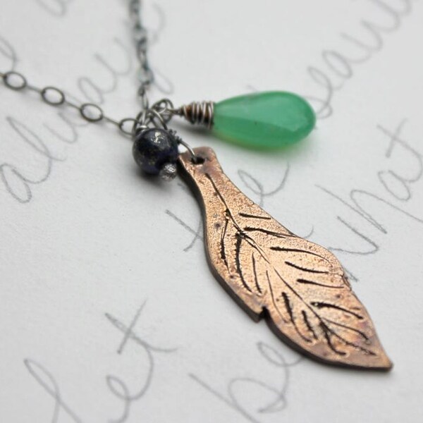 bohemian golden feather necklace with chrysoprase and lapis .  recycled bronze be free necklace . ready to ship . free shipping