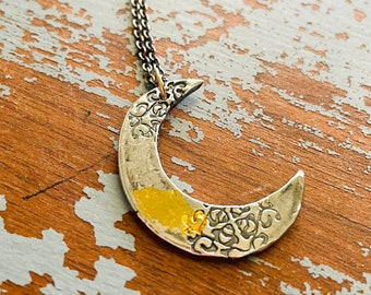 crescent moon pendant . sterling silver and 23k gold necklace . love handwritten quote pendant by peacesofindigo