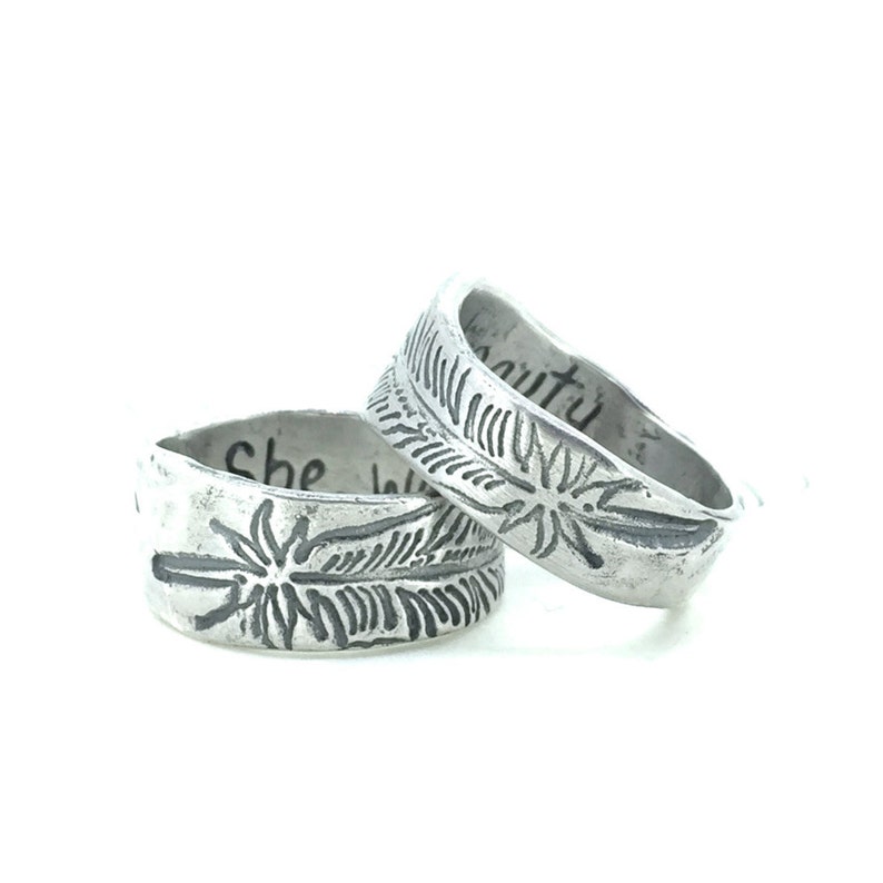 boho feather inspirational quote ring . sterling silver she walks in beauty secret message ring . ready to ship size 4 5 6 7 image 1