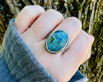 Boho dreamer turquoise ring with engraved feather Fitzgerald quote band . handcrafted by peaces of indigo . size 10