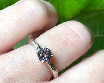purple spinel engagement ring with teal diamond accent . unique bohemian engagement ring by peacesofindigo . ready to ship size 6