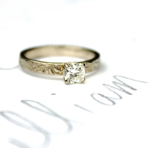 moissanite engagement ring . unique diamond alternative engagement ring . recycled 18k white gold vine cushion cut ring ready to ship size 8