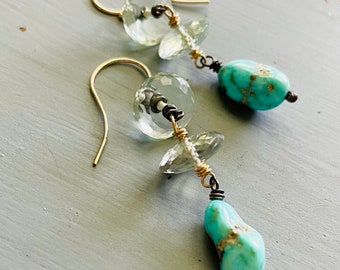 large Sleeping beauty turquoise and prasiolite gemstone dangle earrings by peacesofindigo