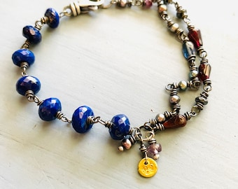 bohemian lapis and gemstone charm bracelet . double strand layered bracelet . handmade by peacesofindigo