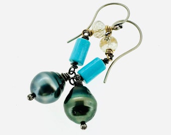 Tahitian pearl dangle earrings with imperial topaz and turquoise by peaces of indigo