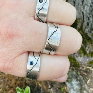 rustic mountain wedding band ring . engraved sterling silver mountain landscape band by peacesofindigo . size 4 5 6 7 8 9 10 11 12 image 6