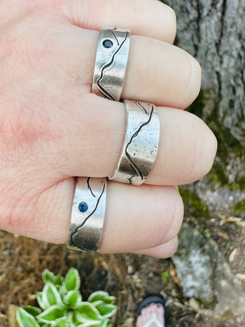 rustic mountain wedding band ring . engraved sterling silver mountain landscape band by peacesofindigo . size 4 5 6 7 8 9 10 11 12 image 6