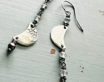 long gemstone and sterling silver crescent moon dangle earrings . boho gemstone birthstone earrings by peacesofindigo