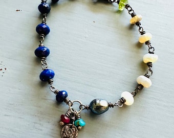 bohemian lapis and opal gemstone charm bracelet . handmade by peacesofindigo